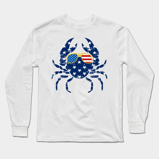 4th of July T Shirt Crab Fisherman American Flag Vintage Long Sleeve T-Shirt by Ramadangonim